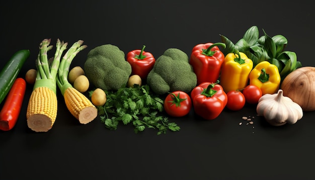 fresh vegetables and corn on black background in baskets