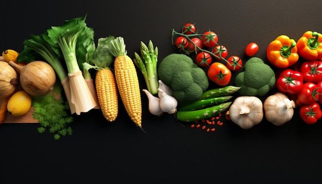 fresh vegetables and corn on black background in baskets