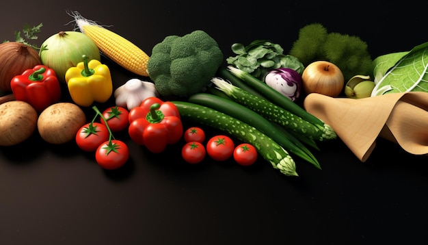 fresh vegetables and corn on black background in baskets