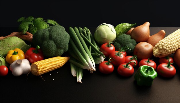 fresh vegetables and corn on black background in baskets