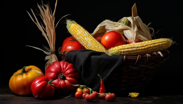 fresh vegetables and corn on black background