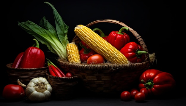 fresh vegetables and corn on black background