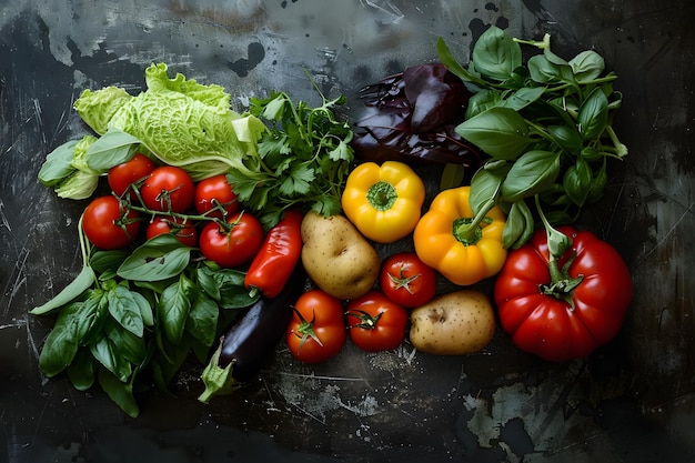 Fresh vegetables on a dark background top view Flat lay