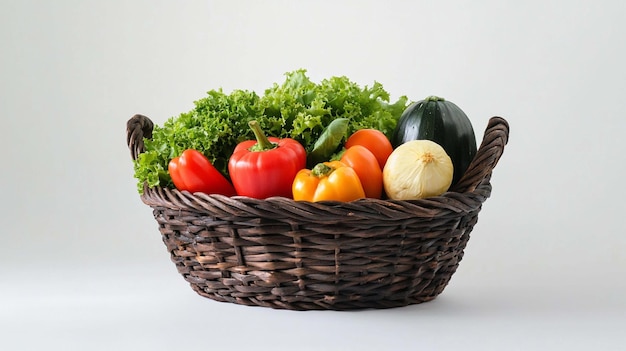 Fresh Vegetables Displayed in a Dark Brown Woven Basket Perfect for Vegan Dishes and Healthy Cooking