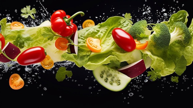 Fresh vegetables falling into water on black background Healthy food concept Generative AI