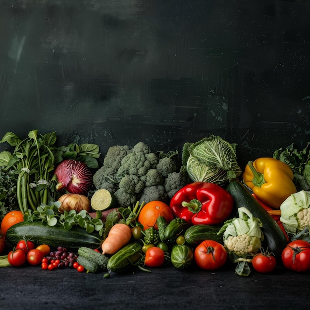 fresh vegetables and fruits lined up in a row with dark background