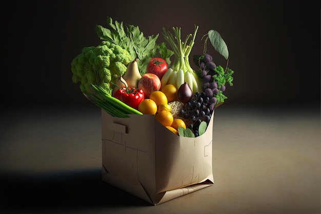 Fresh vegetables and fruits in a paper shopping bag