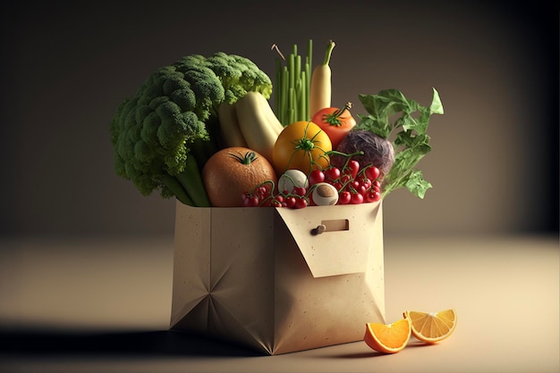 Fresh vegetables and fruits in a paper shopping bag