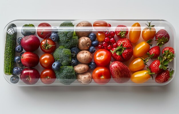 Fresh vegetables and fruits in plastic container on white background