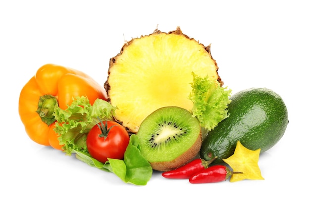 Fresh vegetables and fruits on white background