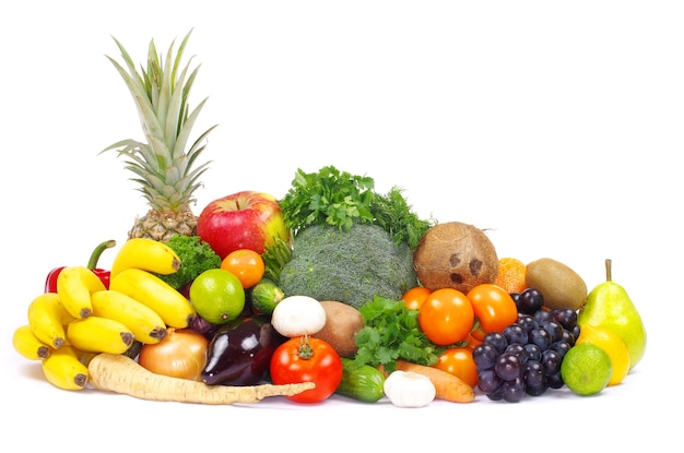 Fresh vegetables and fruits on white