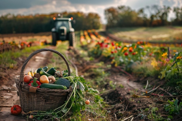 Photo fresh vegetables harvest in rustic farm basket with tractor in field autumn countryside farming