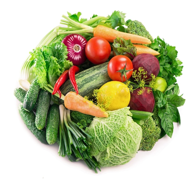 Fresh vegetables Healthy Eating Seasonal organic raw vegetables Isolated over white background