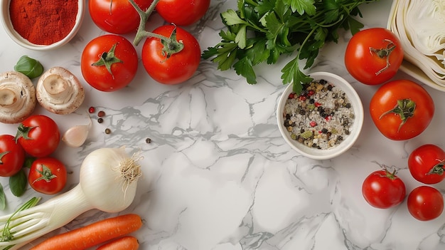 Fresh vegetables and herbs composition on marble