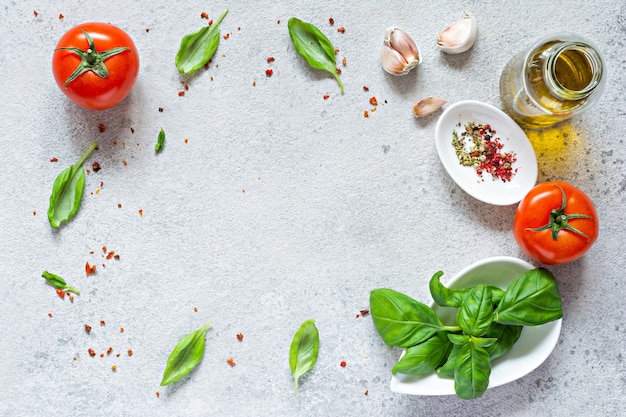 Fresh vegetables and herbs with spices on a gray background food background