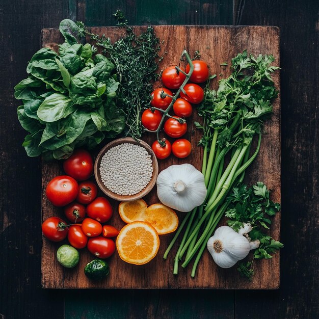 Photo fresh vegetables and herbs on a wooden cutting board