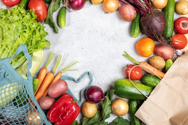 Fresh vegetables in net bag and in paper bag and laid out on concrete background with copy space