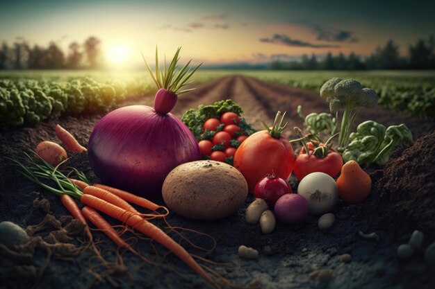 Fresh vegetables peas radish tomato carrot beetroot on ground on farm at sunset Healthy organic food agriculture AI Generation