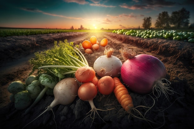 Fresh vegetables peas radish tomato carrot beetroot on ground on farm at sunset Healthy organic food agriculture AI Generation