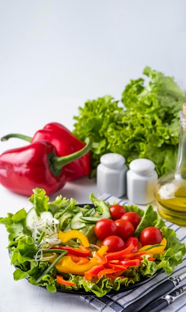 Fresh vegetables on a plate Tomatoes cucumber pepper onion Healthy eating concept Diet concept