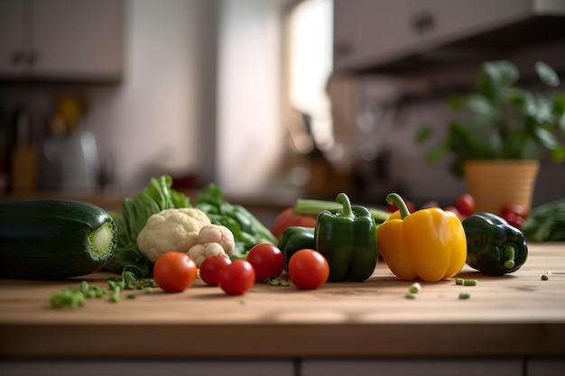 Fresh vegetables ready for cooking preparation for healthy cooking on a wooden table in the rustic interior of the kitchen AI generated