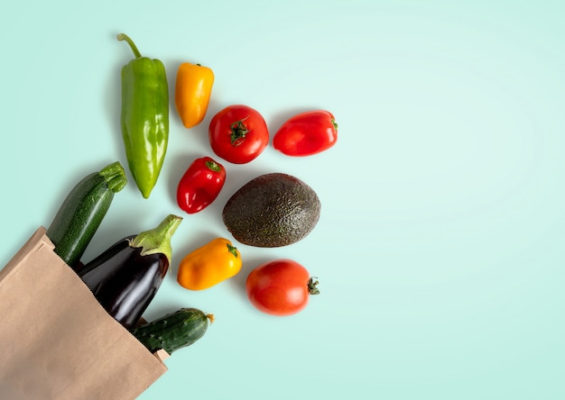 Fresh vegetables in recyclable paper bag with copy space