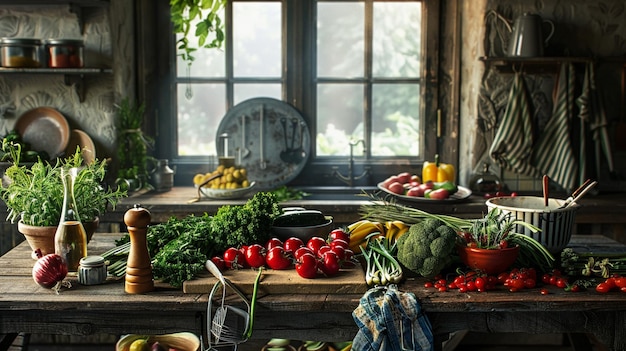 Photo fresh vegetables in rustic kitchen high quality image