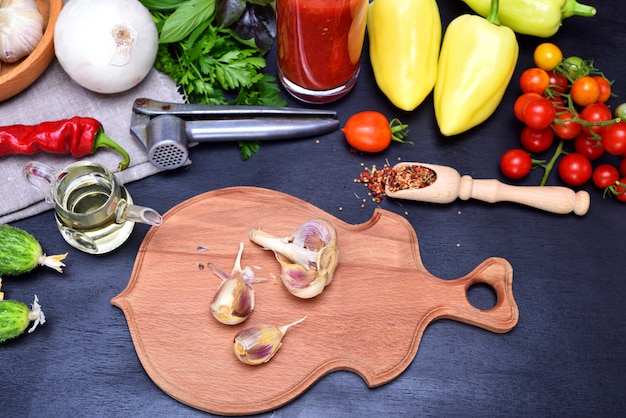 Fresh vegetables for salad and garlic 