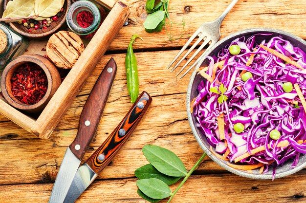 Fresh vegetables salad with purple cabbage.Coleslaw in a bowl