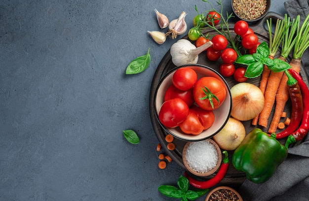 Fresh vegetables, spices, ingredients for making tomato sauce on a gray-blue background. Top view, copy space.