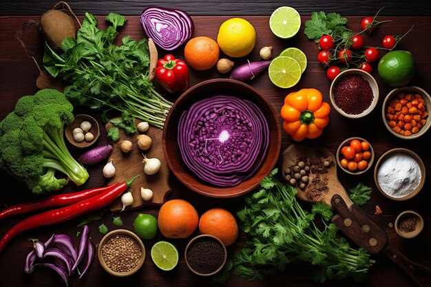 Fresh Vegetables and Spices on Wood