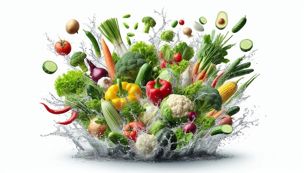 Fresh Vegetables Splashing Into Water