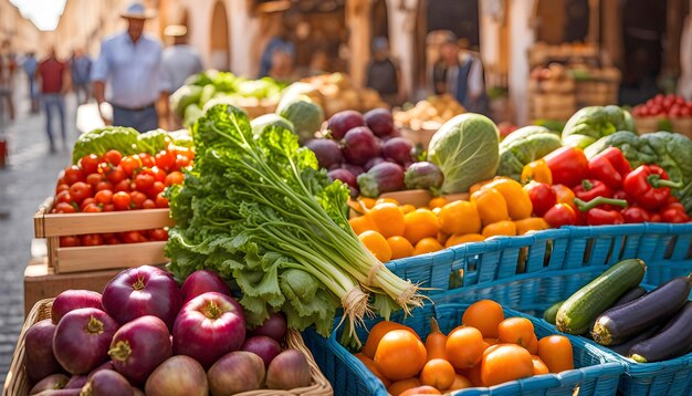 Fresh vegetables at a street organic food market farm shop fruits vegetables on the street