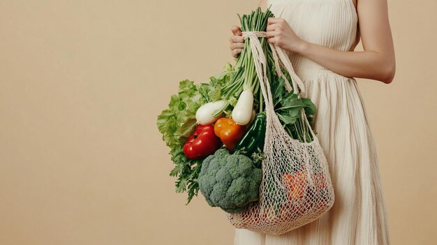 Photo fresh vegetables in string bag on beige background