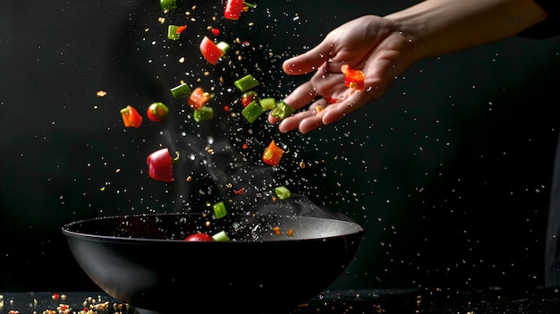 Fresh vegetables tossed in the air above a wok by a human hand Dynamic cooking action shot in a kitchen setting perfect for food blogs AI