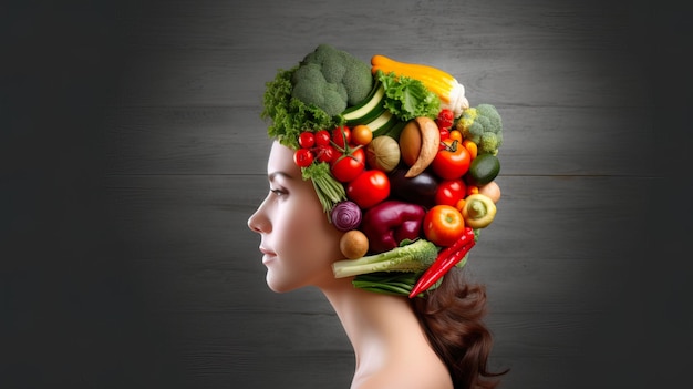 Fresh vegetables in woman head symbolizing health nutrition