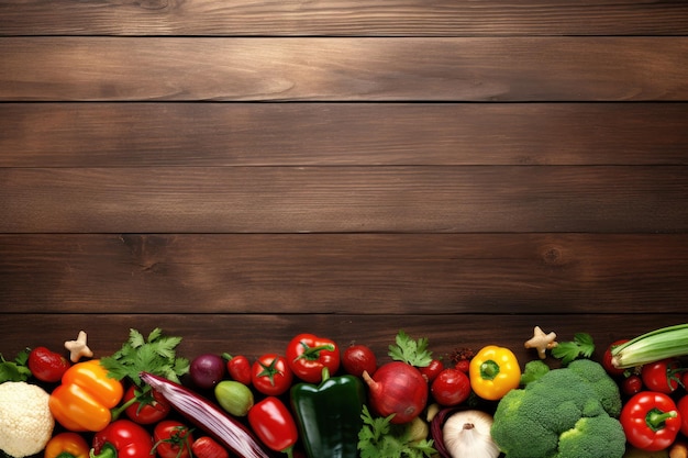 Fresh vegetables on wooden background Healthy food concept Top view with copy space