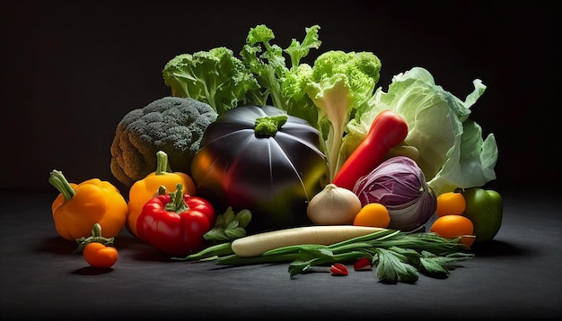 Fresh vegetables on a wooden board on black background Generative AI