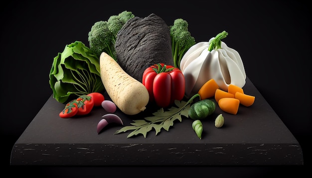 Fresh vegetables on a wooden board on black background Generative AI