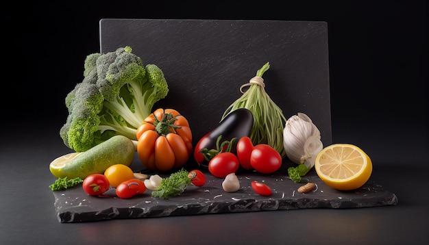 Fresh vegetables on a wooden board on black background Generative AI