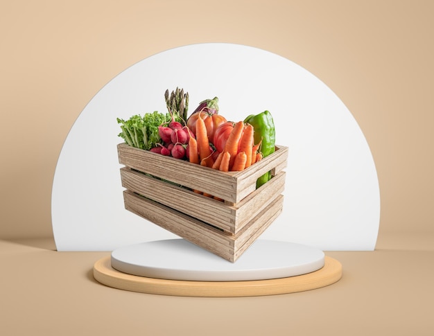 Fresh vegetables in a wooden box on a pedestal