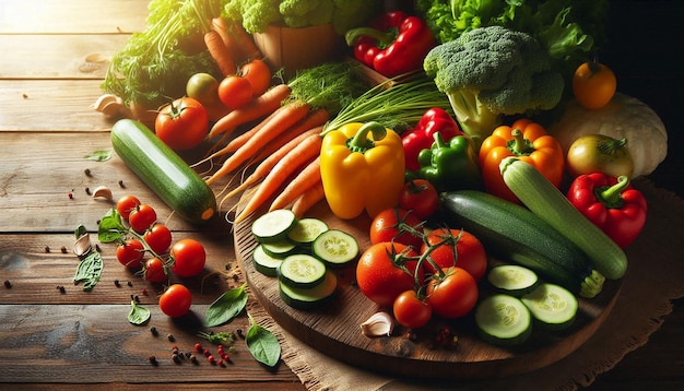 Fresh Vegetables on Wooden Cutting Board With Rustic Background