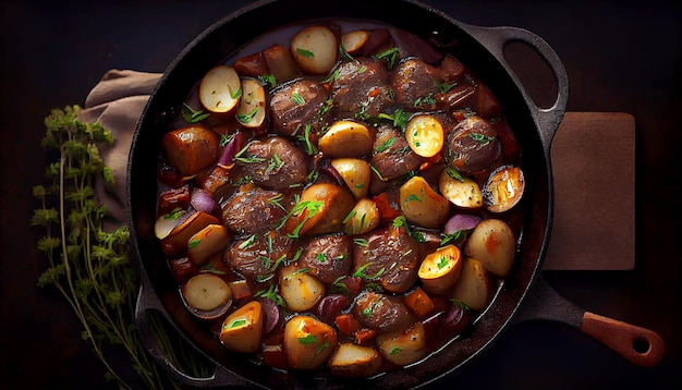 Fresh vegetarian meal cooking in cast iron pan generated by AI