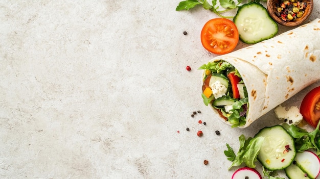 Photo fresh veggie wrap with copy space on light background