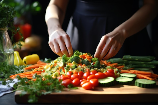 Fresh veggies and handknife food prep for nutritious lunch vegan salad diet and organic recipes