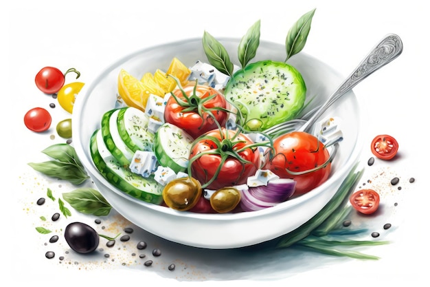 Fresh veggies and tomato in a Greek salad in a white bowl on a white background