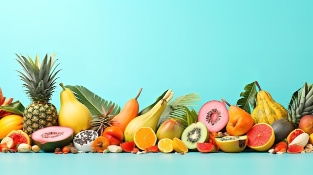 Fresh Vertical shot of cut fruits on a light blue background