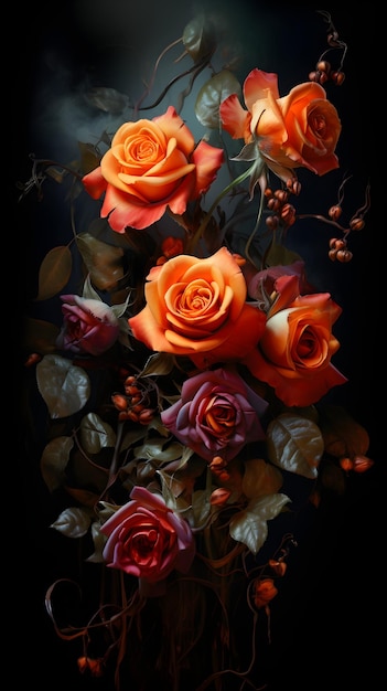 A fresh and vibrant bouquet of orange and red roses with green leaves and white flower