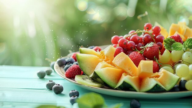 Fresh and Vibrant Fruit Platter with Melons and Berries on Table