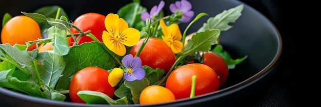 Photo a fresh and vibrant garden salad featuring colorful cherry tomatoes edible flowers and fresh